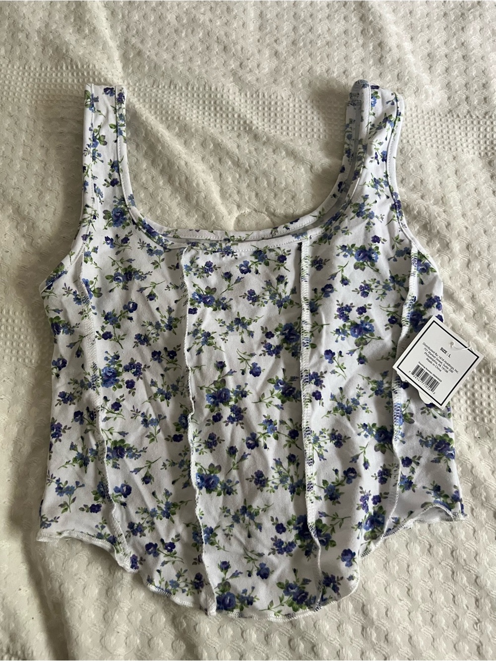 Women’s White Floral Tank Top with Blue & Green Print
